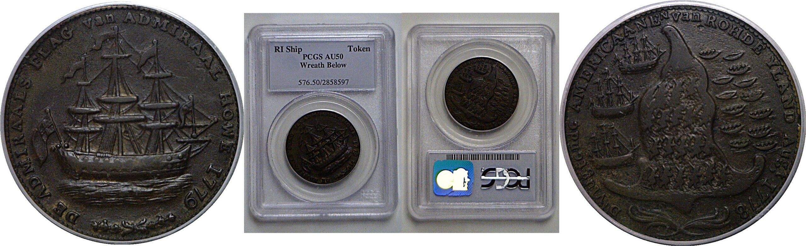 1778-1779  Rhode Island Ship Token, Wreath Below   PCGS AU-50