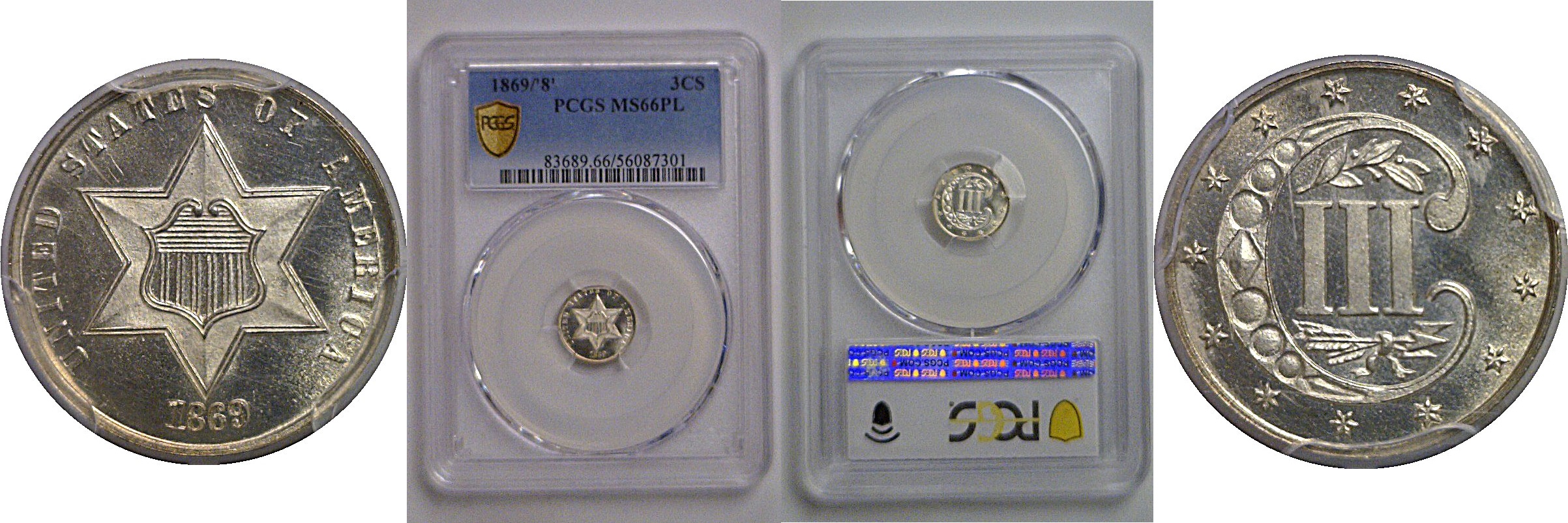 1869/'8' Silver Three Cent   PCGS MS-66 PL