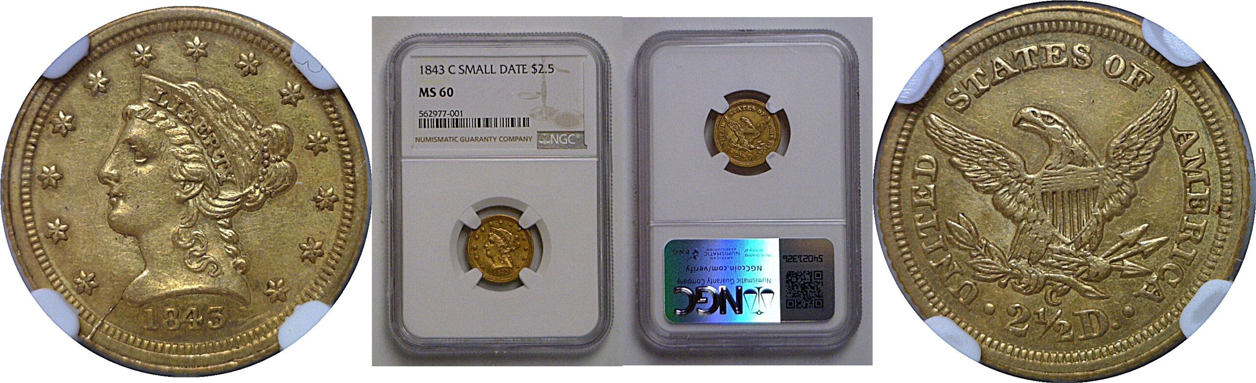 1843-C $2 1/2 Liberty   NGC MS-60