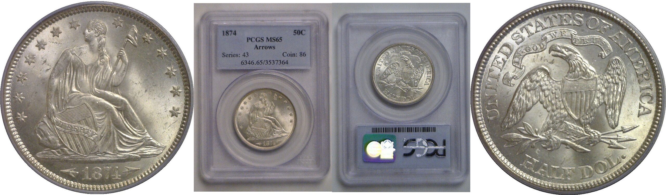 1874 Arrows  Seated Liberty Half Dollar   PCGS MS-65