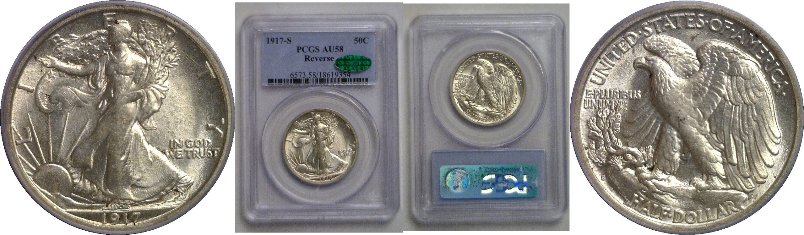 1917-S Reverse  Walking Liberty Half Dollar   PCGS AU-58  CAC
