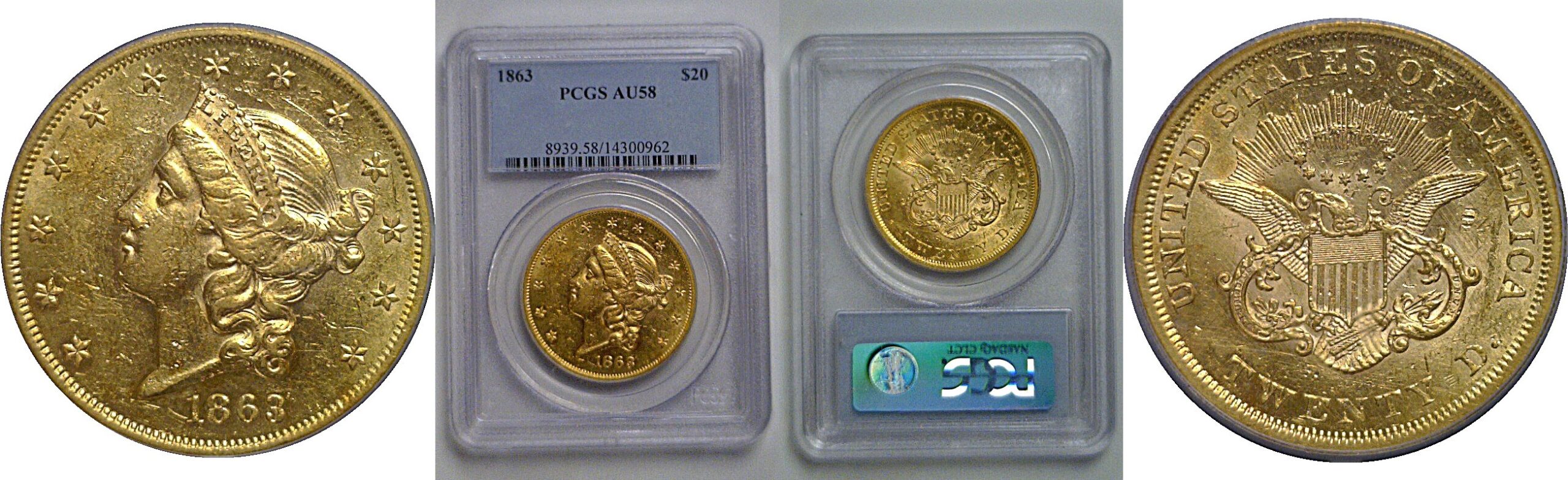 1863 $20 Liberty   PCGS AU-58