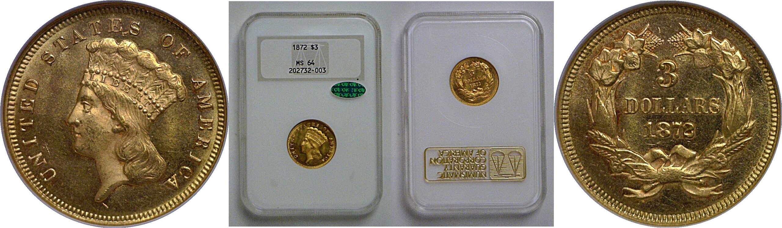 1872 $3 Princess   NGC MS-64  CAC