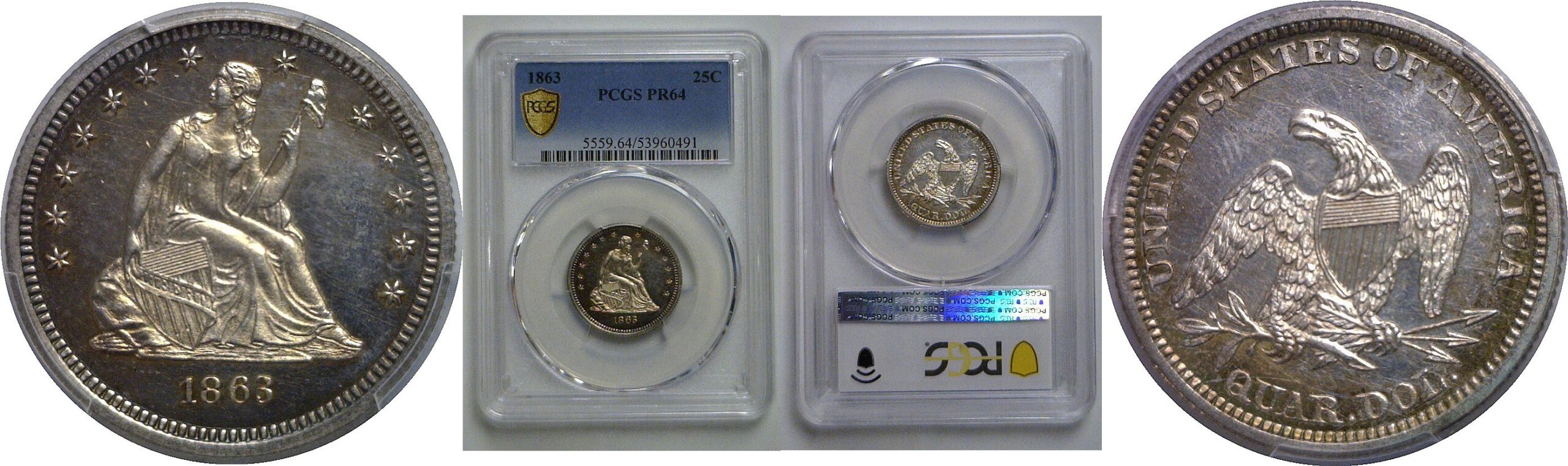 1863 Seated Liberty Quarter   PCGS PR-64