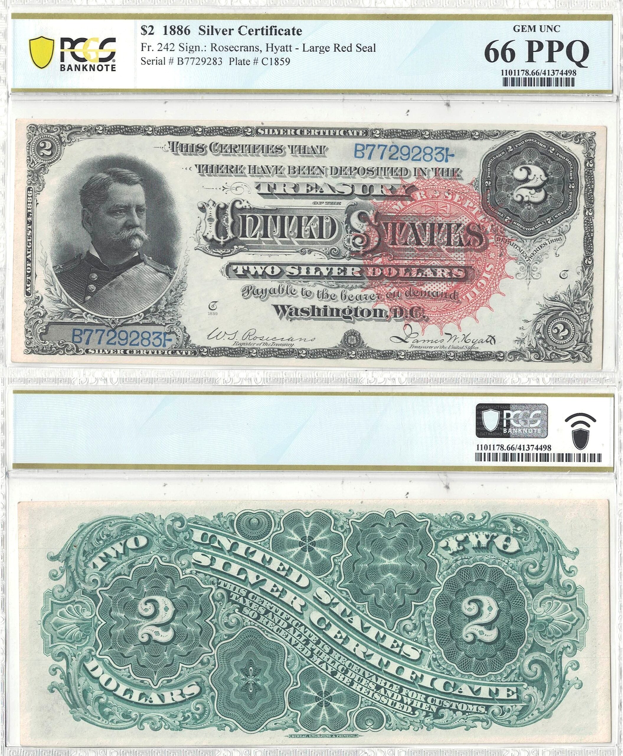1886 $2 Silver Certificate Fr-242 PCGS Gem CU-66 PPQ