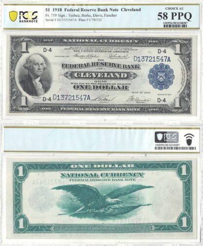 1918 $1 Federal Reserve Bank Note Fr-719 PCGS AU-58 PPQ