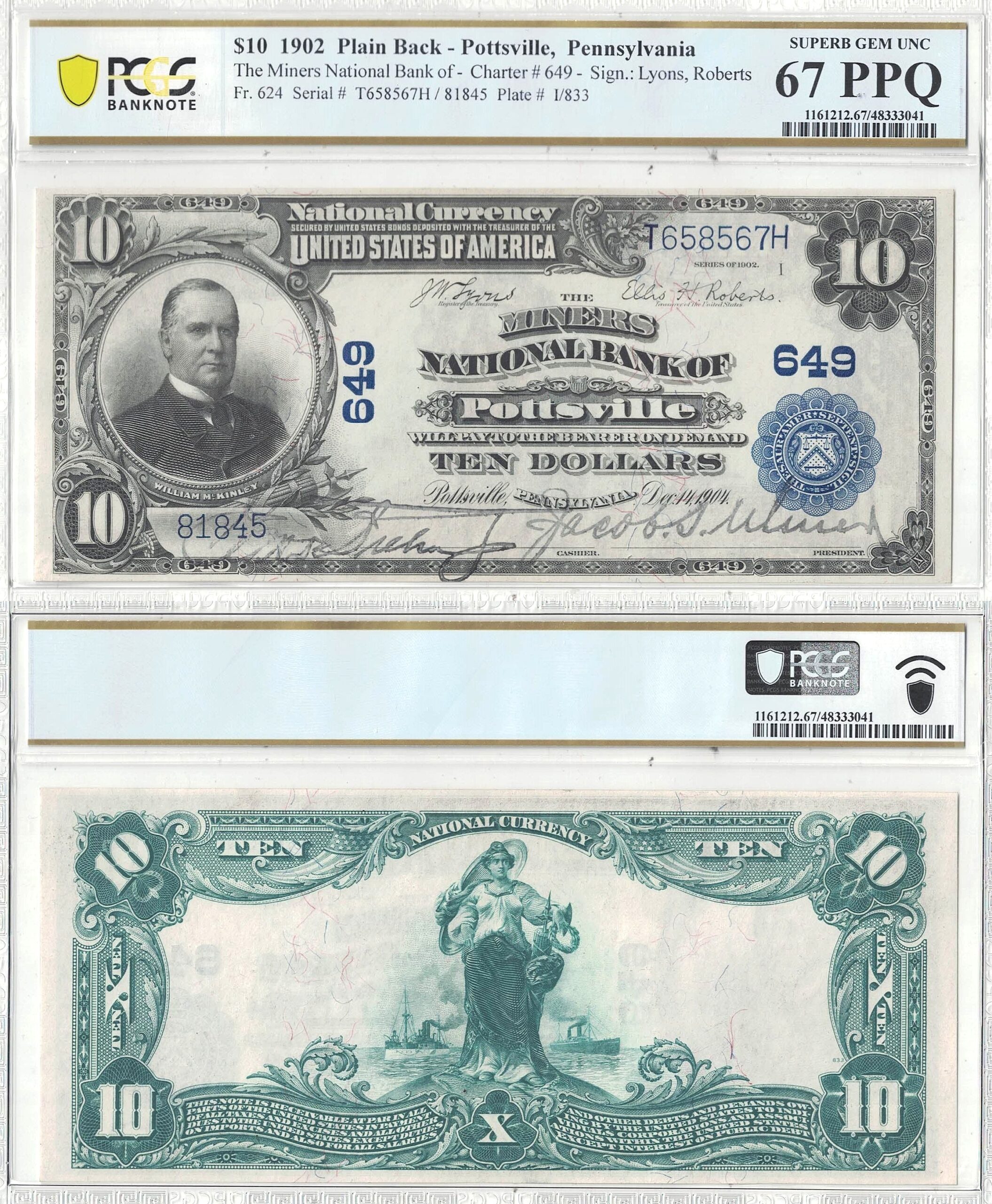 1902 $10 Pottsville, Pennsylvania Charter 649 PCGS Superb Gem CU-67 PPQ