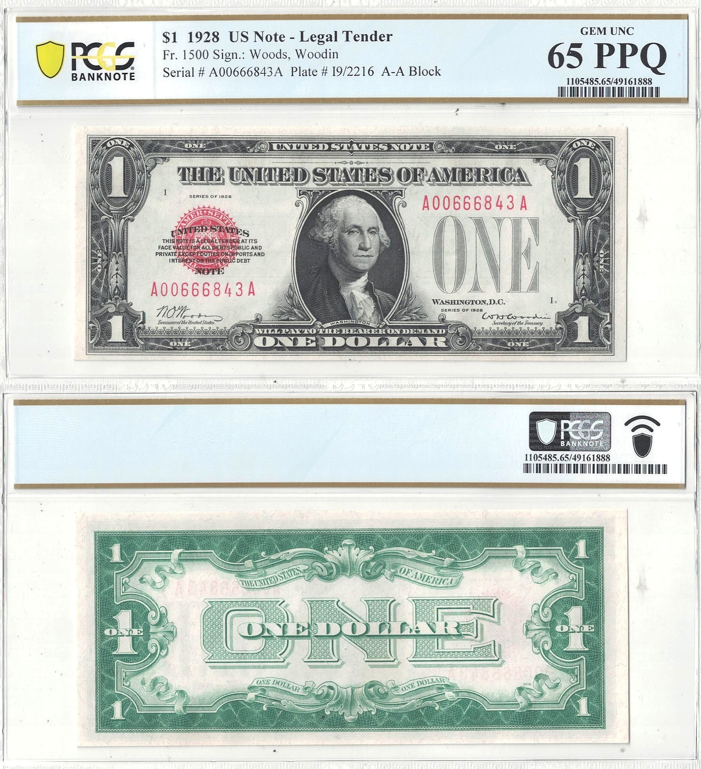 1928 $1 Legal Tender Note Fr-1500 PCGS Gem CU-65 PPQ