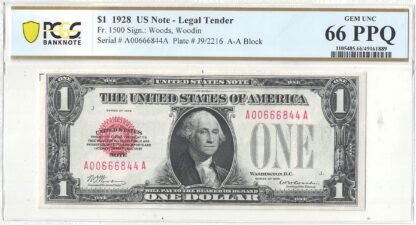 1928 $1 Legal Tender Note Fr-1500 PCGS Gem CU-66 PPQ - Image 2