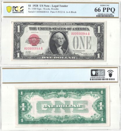 1928 $1 Legal Tender Note Fr-1500 PCGS Gem CU-66 PPQ