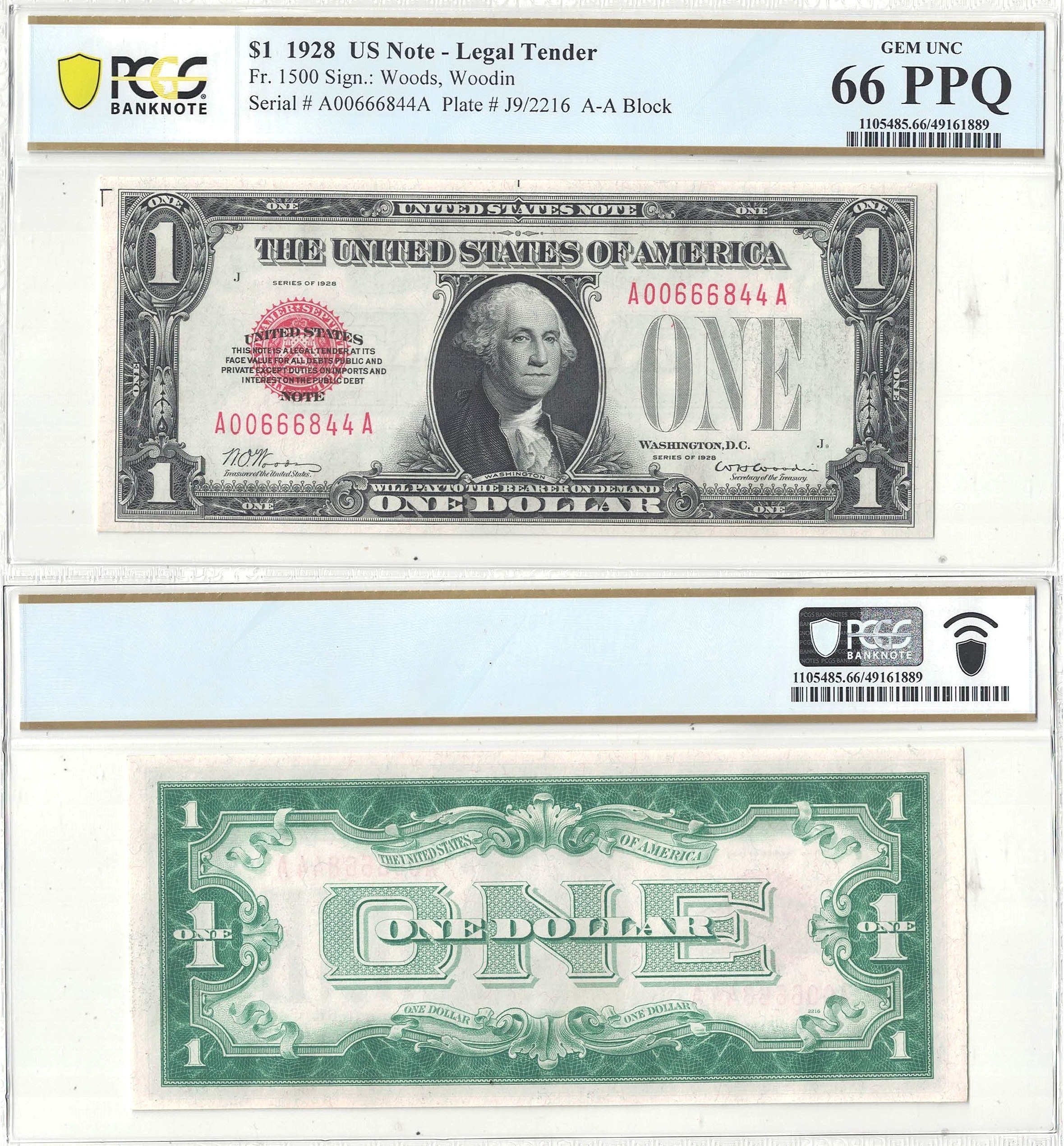 1928 $1 Legal Tender Note Fr-1500 PCGS Gem CU-66 PPQ