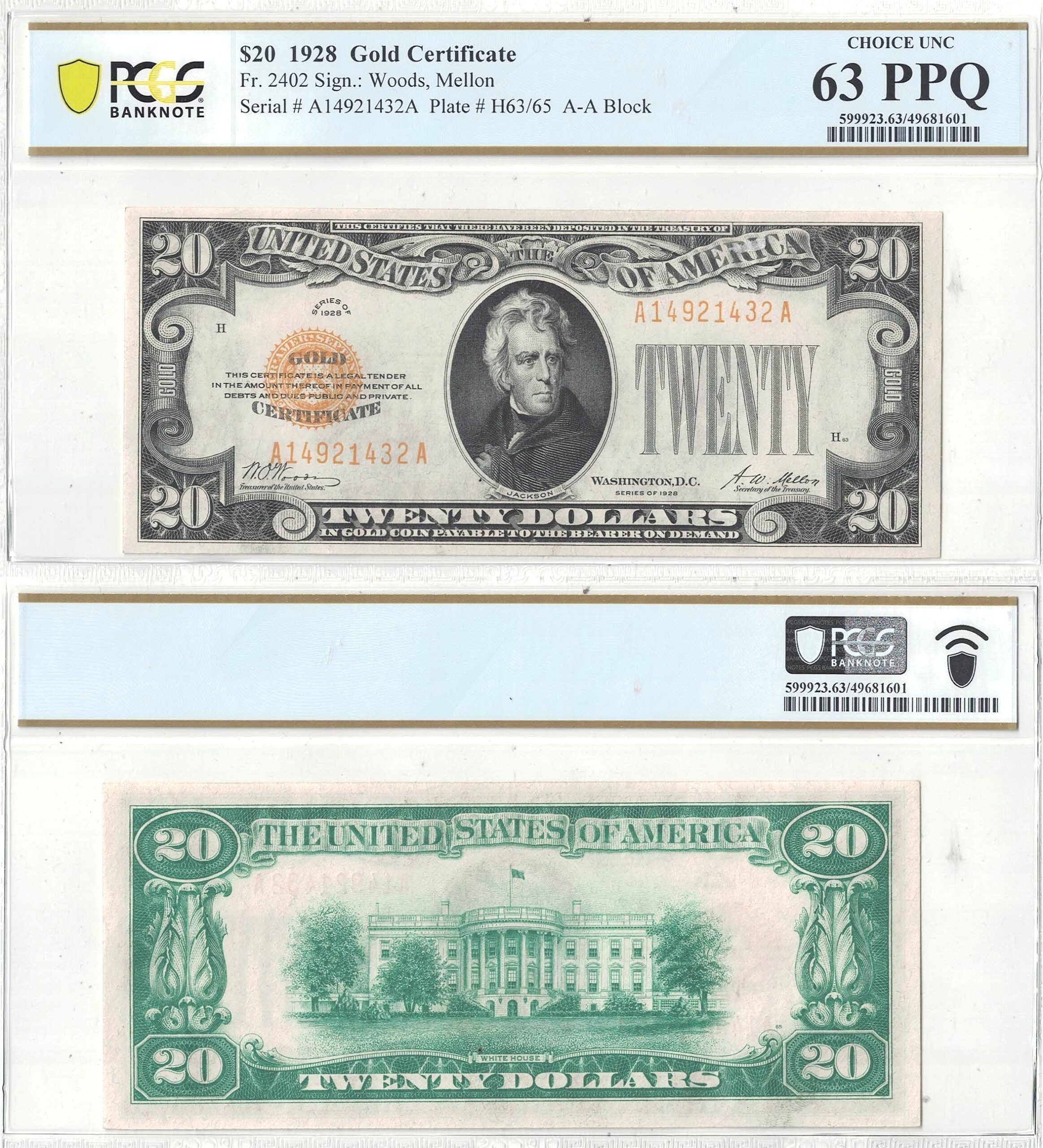 1928 $20 Gold Certificate Fr-2402 PCGS Choice CU-63 PPQ