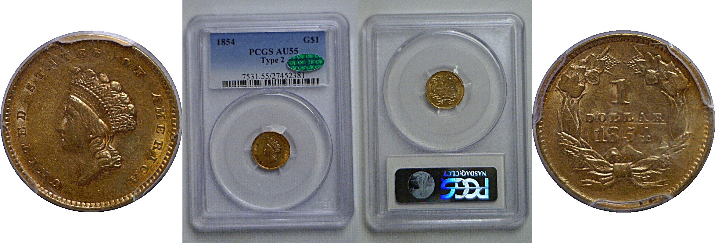 1854 T-2  One Dollar Gold Coin   PCGS AU-55  CAC