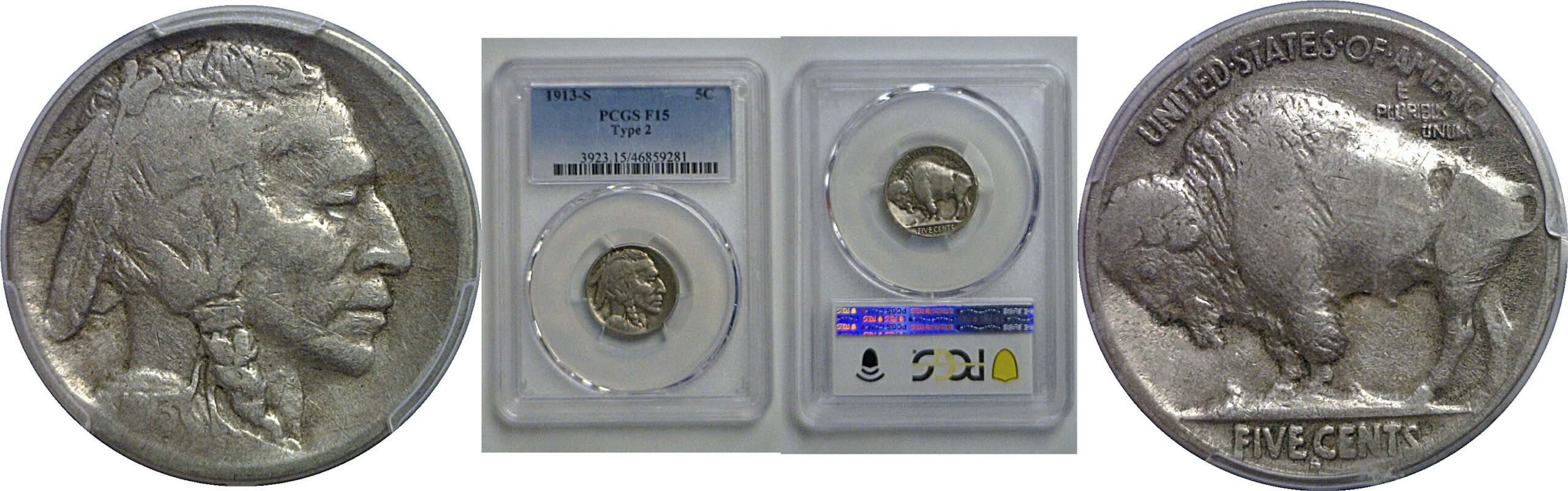 1913-S T-2 Buffalo Nickel    PCGS F-15