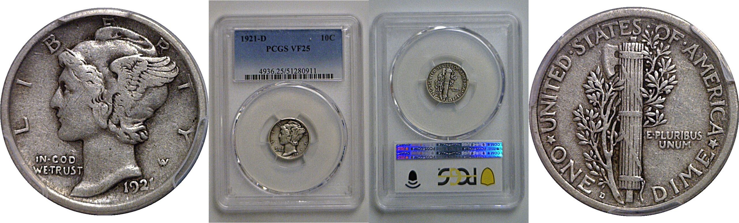 1921-D Mercury Dime   PCGS VF-25