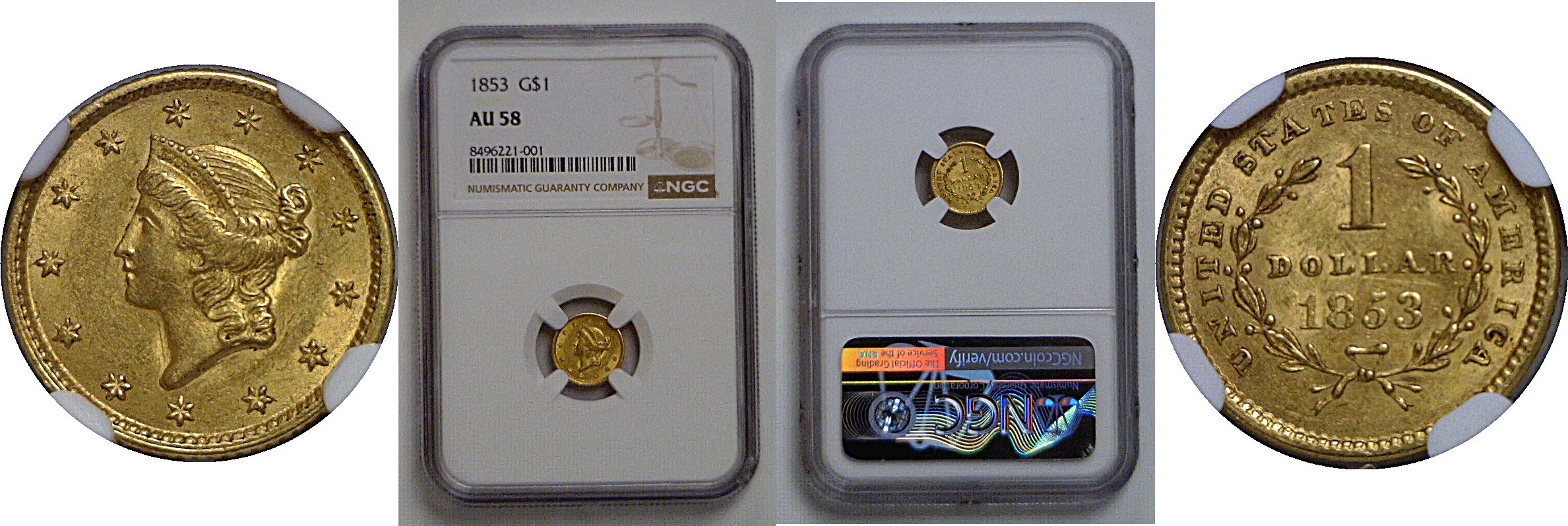 1853 One Dollar Gold Coin   NGC AU-58