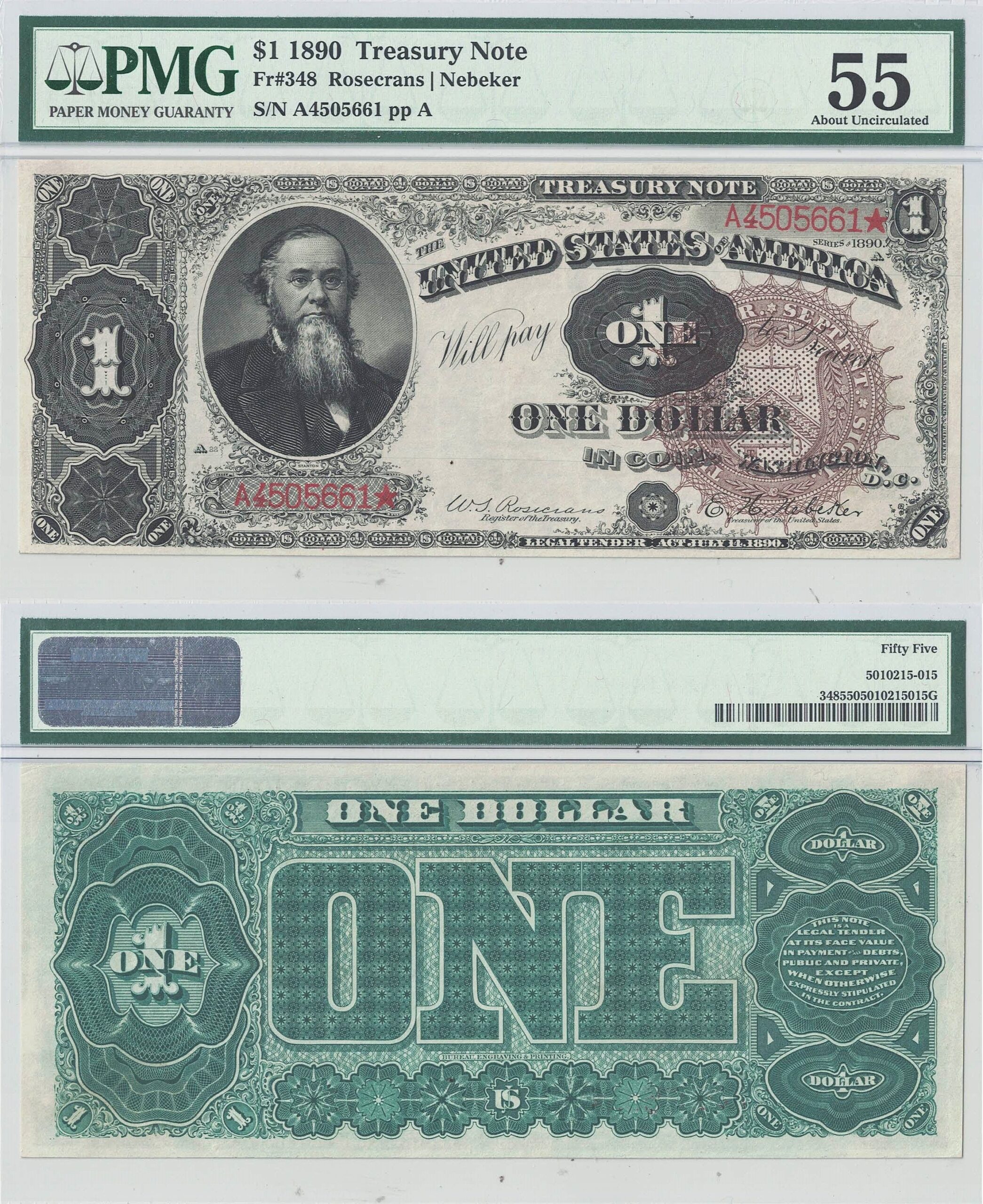 1890 $1 Treasury Note Fr-348 PMG AU-55
