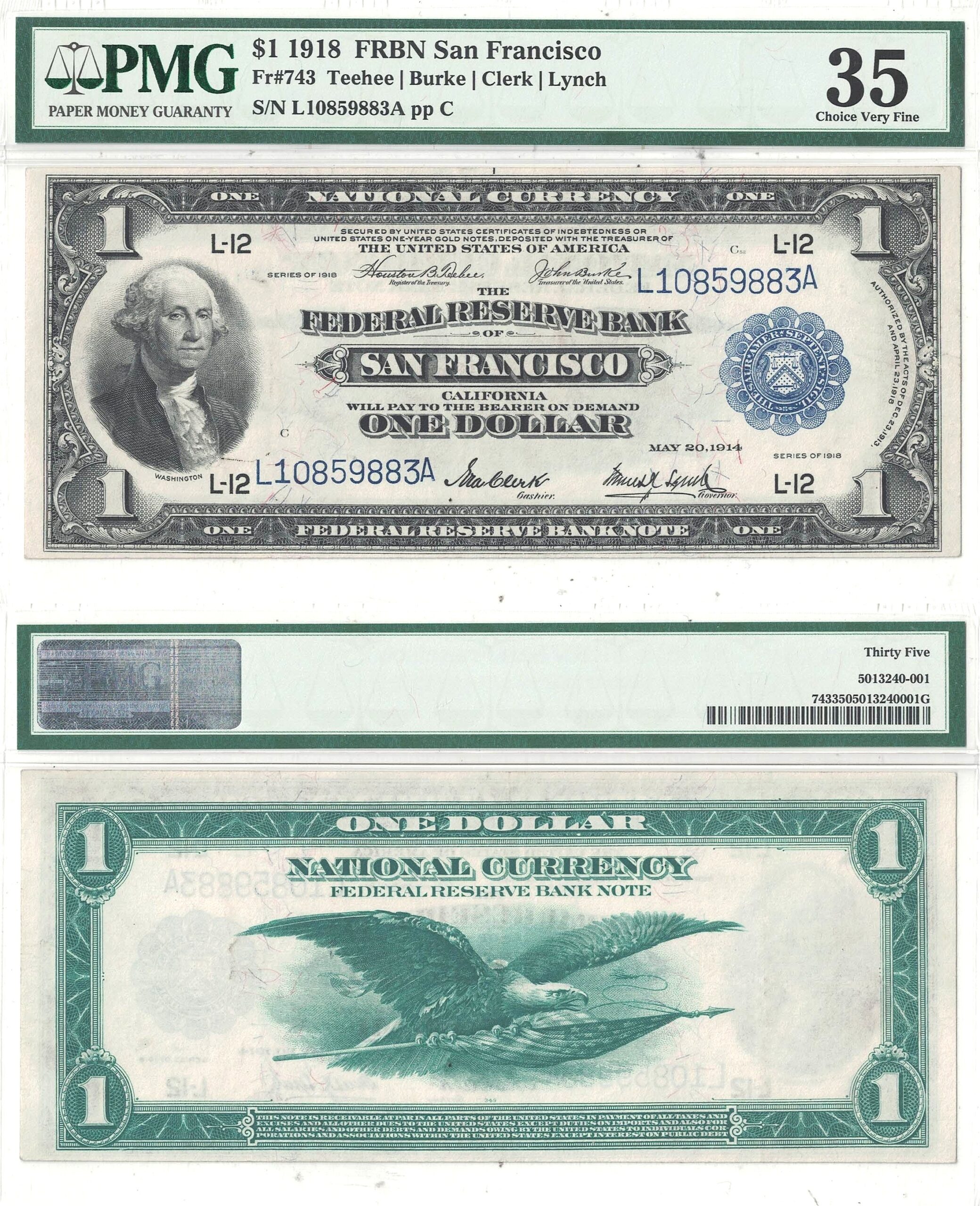 1918 $1 Federal Reserve Bank Note Fr-743 PMG VF-35