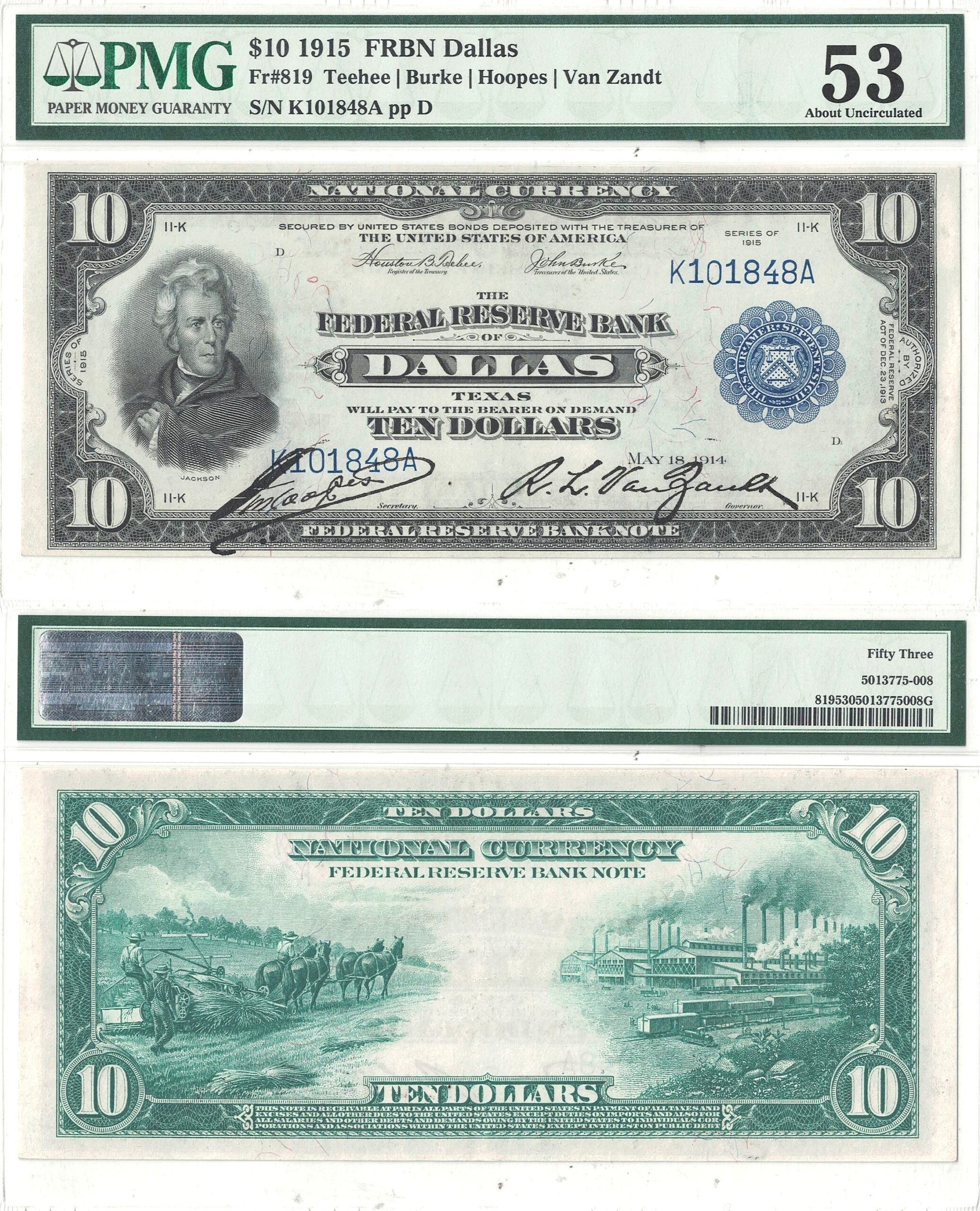 1915 $10 Federal Reserve Bank Note Fr-819 PMG AU-53