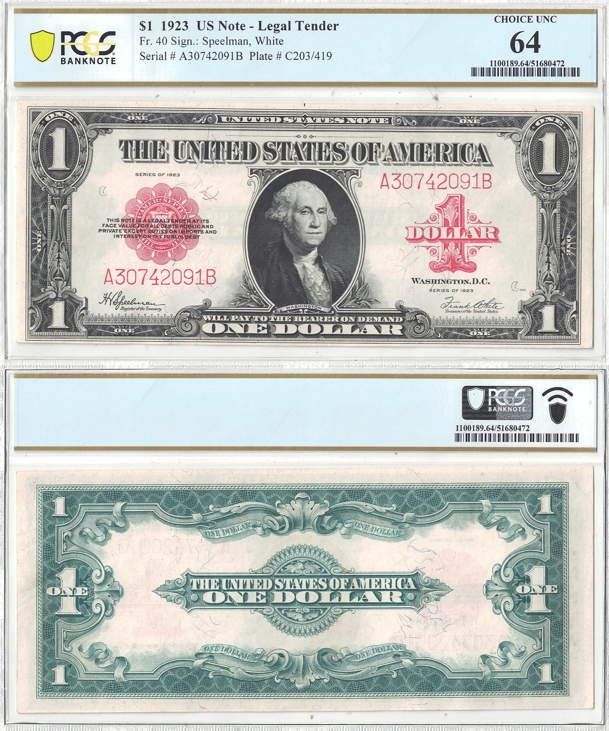 1923 $1 Legal Tender Note Fr-40 PCGS Choice CU-64