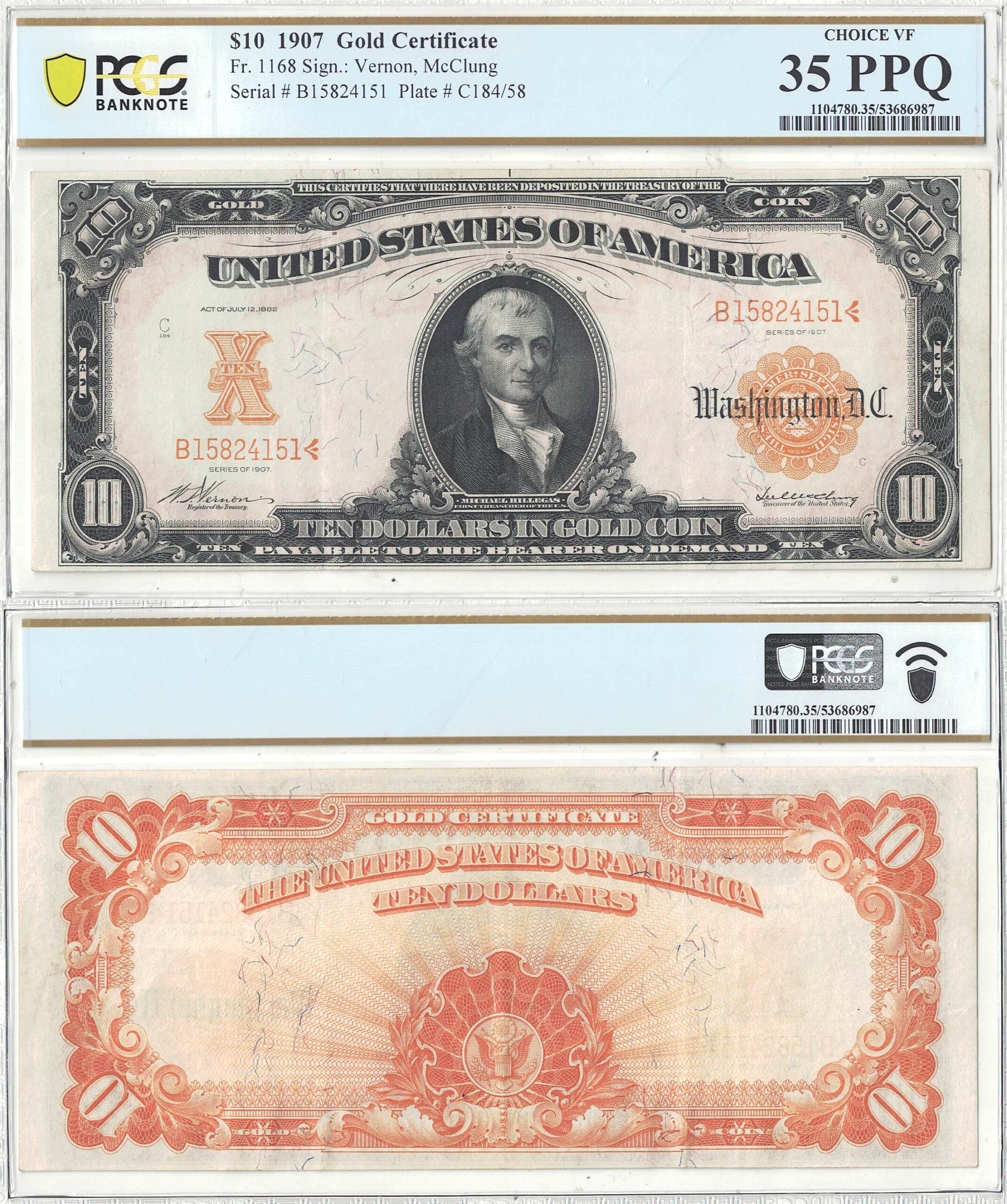 1907 $10 Gold Certificate Fr-1168 PCGS VF-35 PPQ
