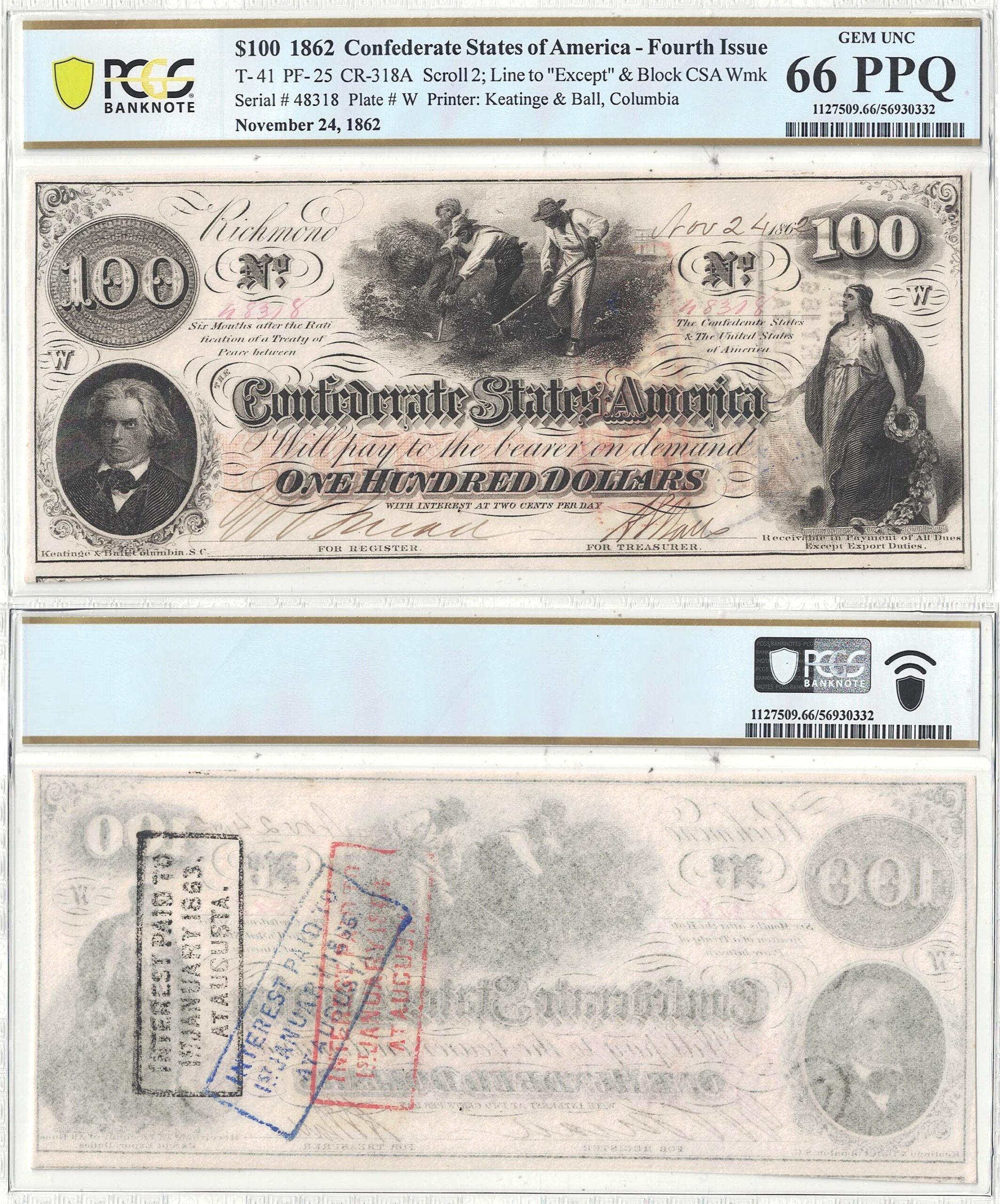 1862 $100 Confederate Note T-41 PCGS Gem CU-66 PPQ