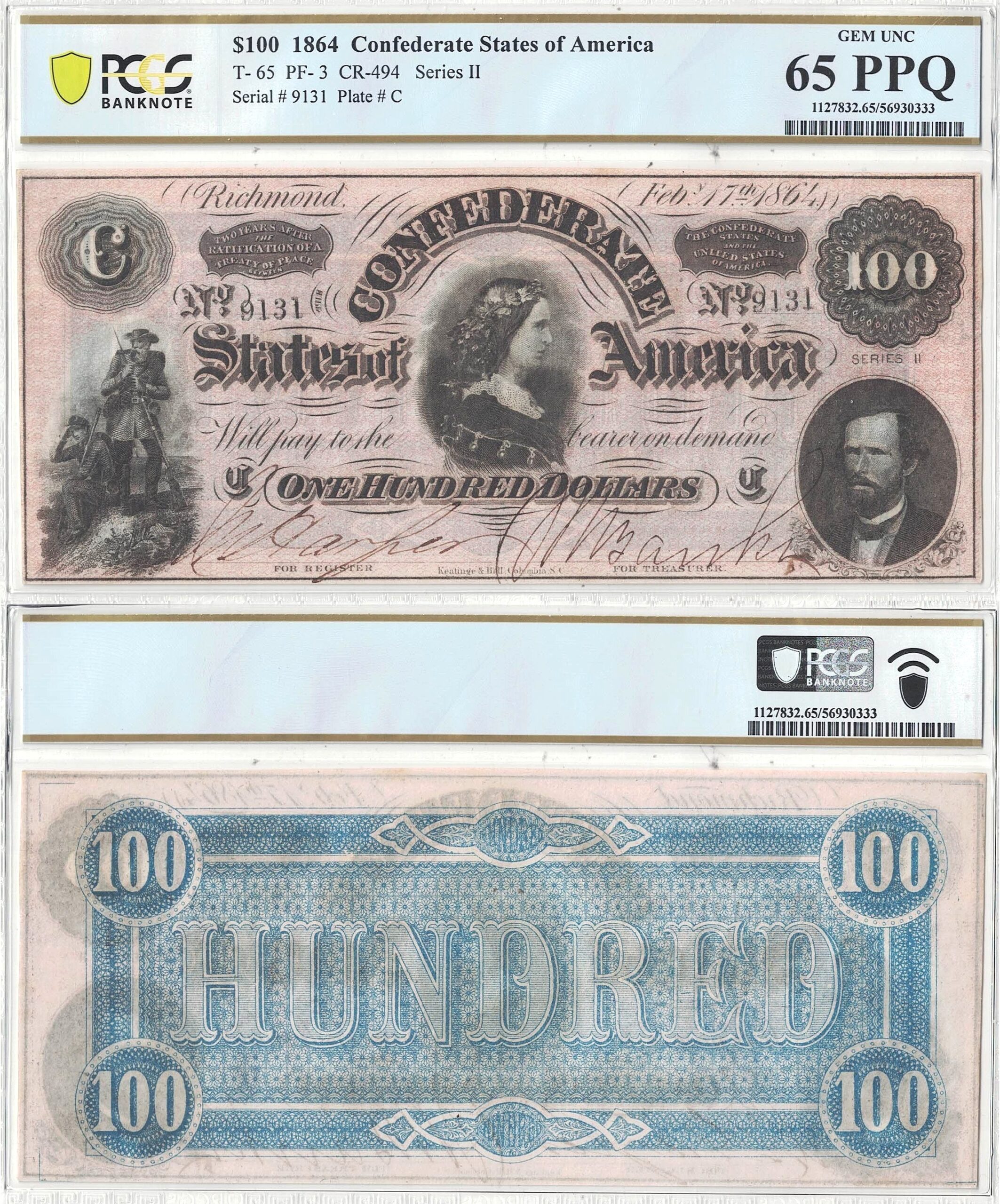 1864 $100 Confederate Note T-65 PCGS Gem CU-65 PPQ