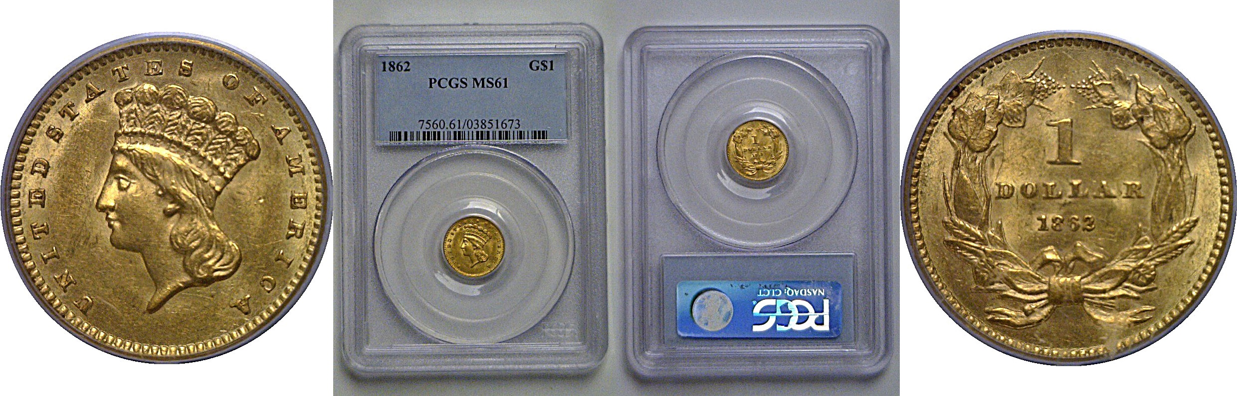 1862 One Dollar Gold Coin   PCGS MS-61
