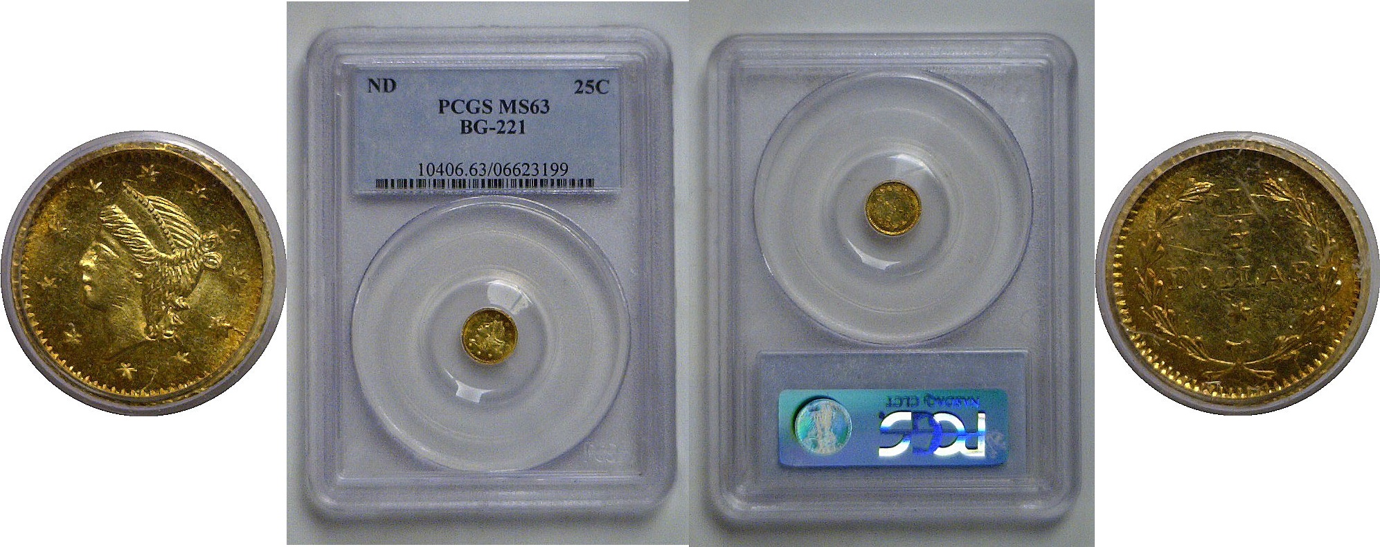 Undated 25c  California Fractional Gold  BG-221   PCGS MS-63