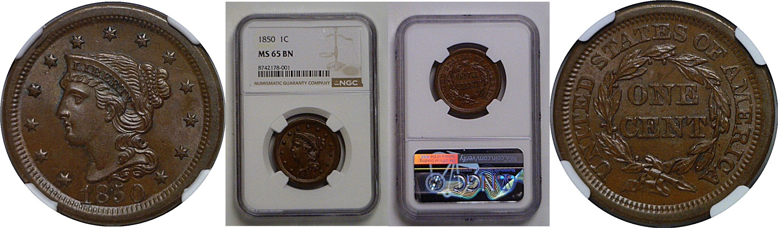 1850 Large Cent   NGC MS-65 BN