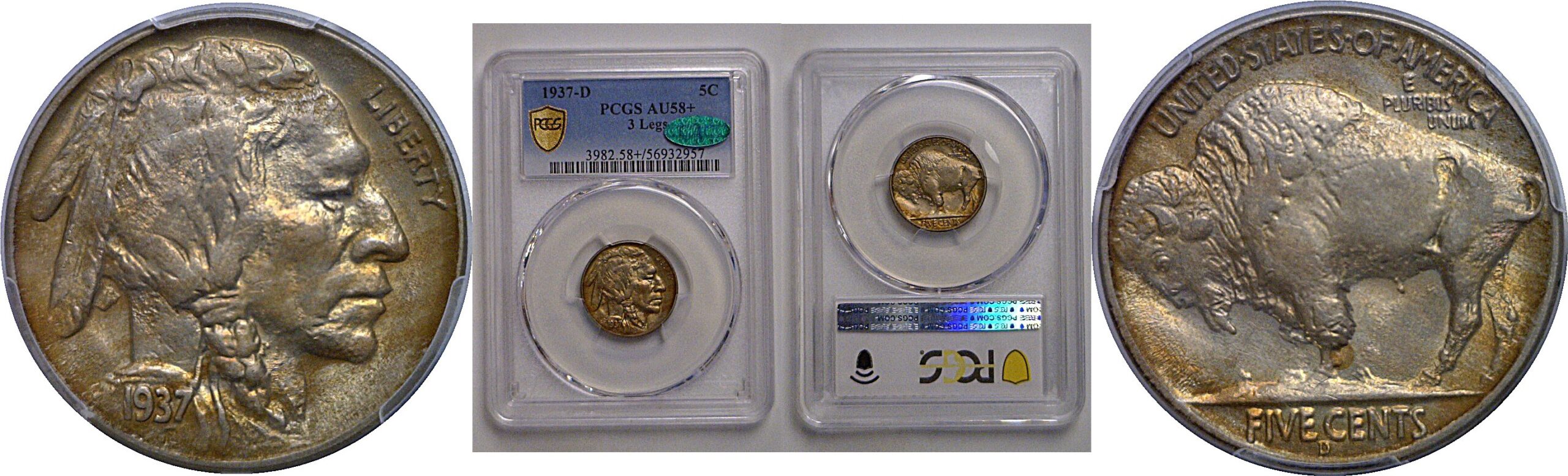1937-D 3 Legs  Buffalo Nickel   PCGS AU-58+  CAC