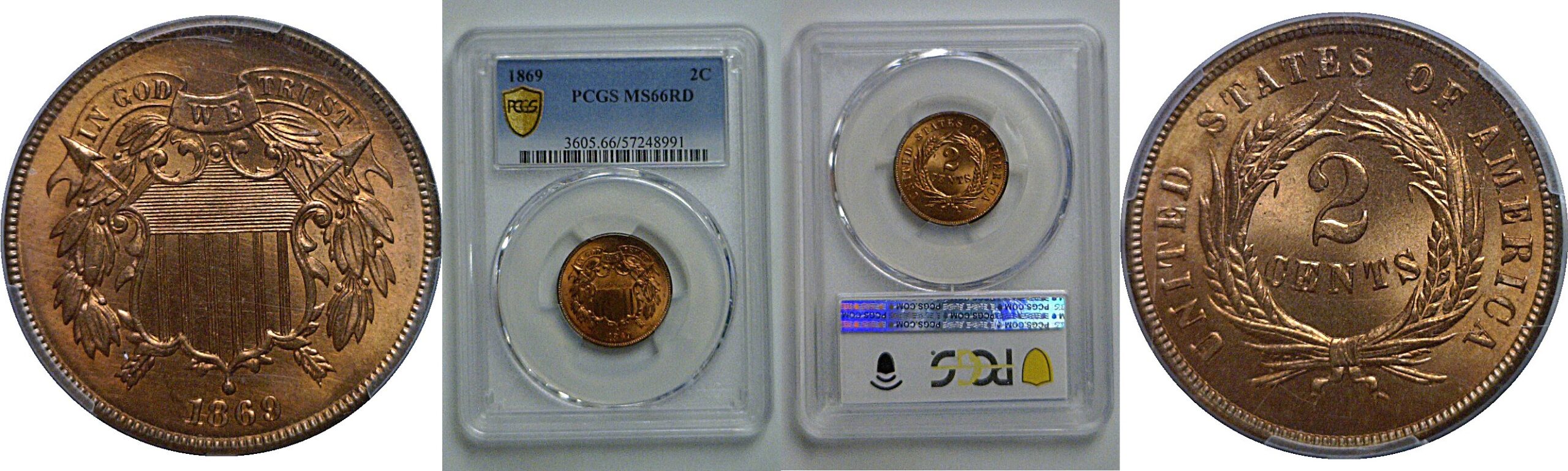 1869 Two Cent Piece   PCGS MS-66 RD