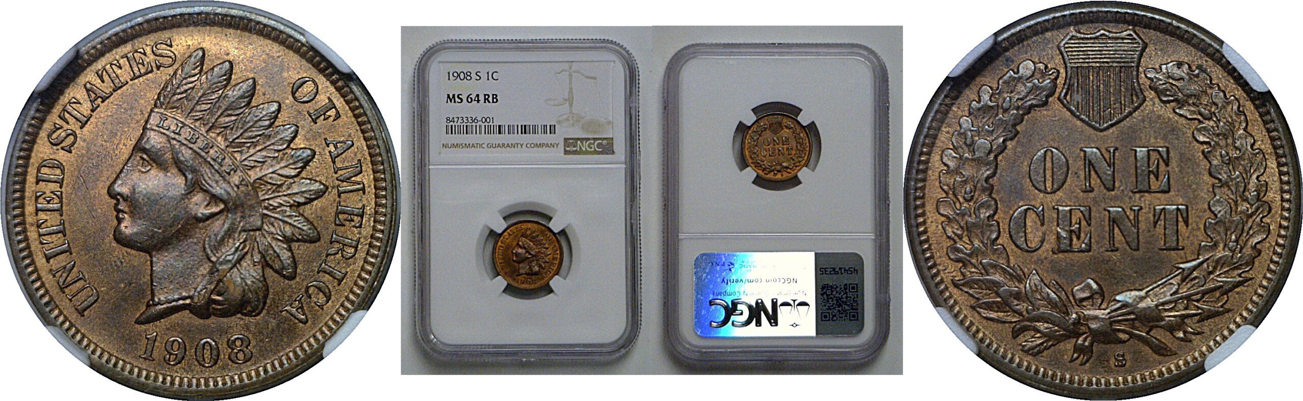 1908-S Indian Head Cent    NGC MS-64 RB