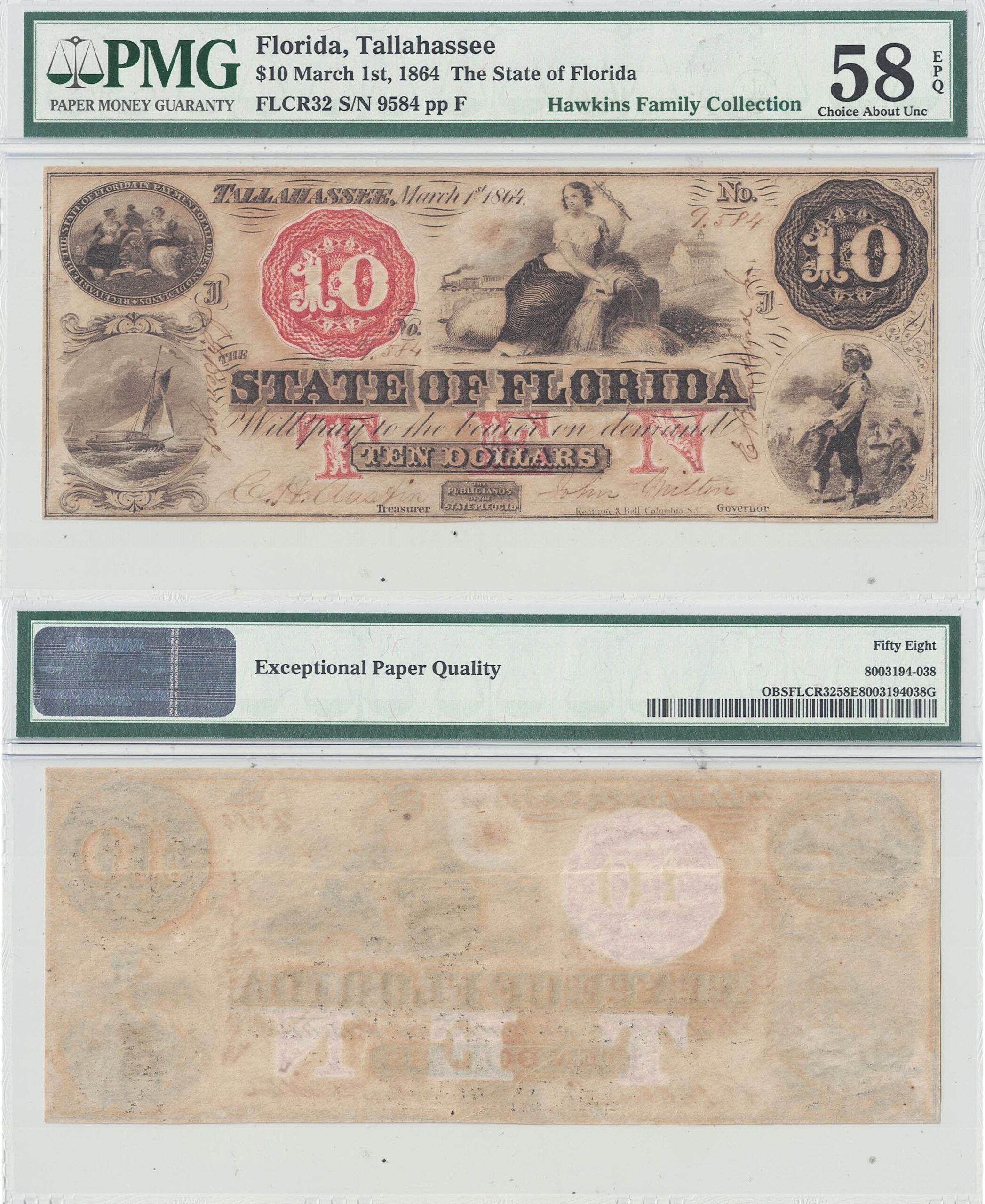 1864 $10 Obsolete Tallahassee, Florida PMG AU-58 EPQ