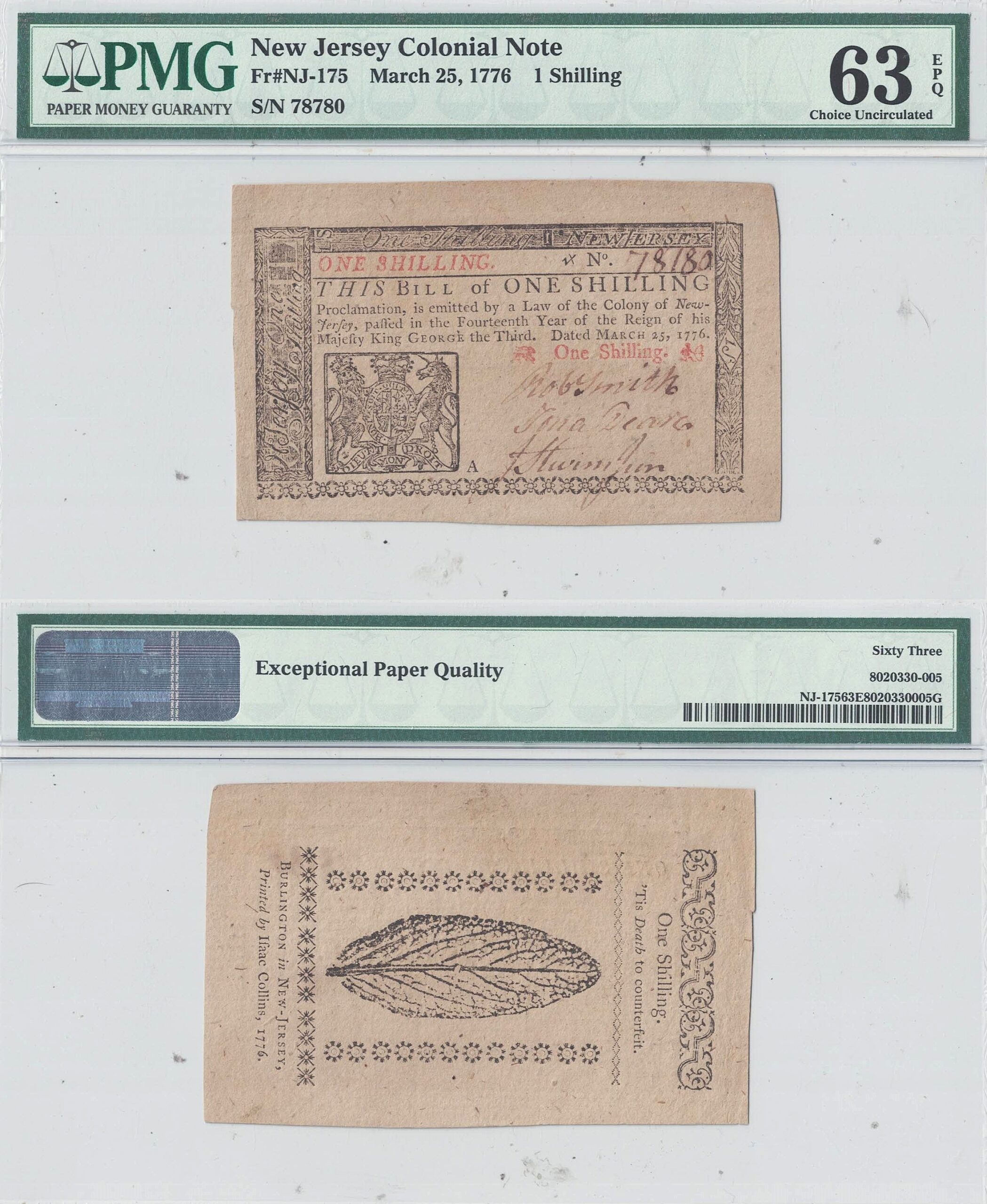 5/25/1776 One Shilling New Jersey Colonial Fr NJ-175 PMG Choice CU-63 EPQ