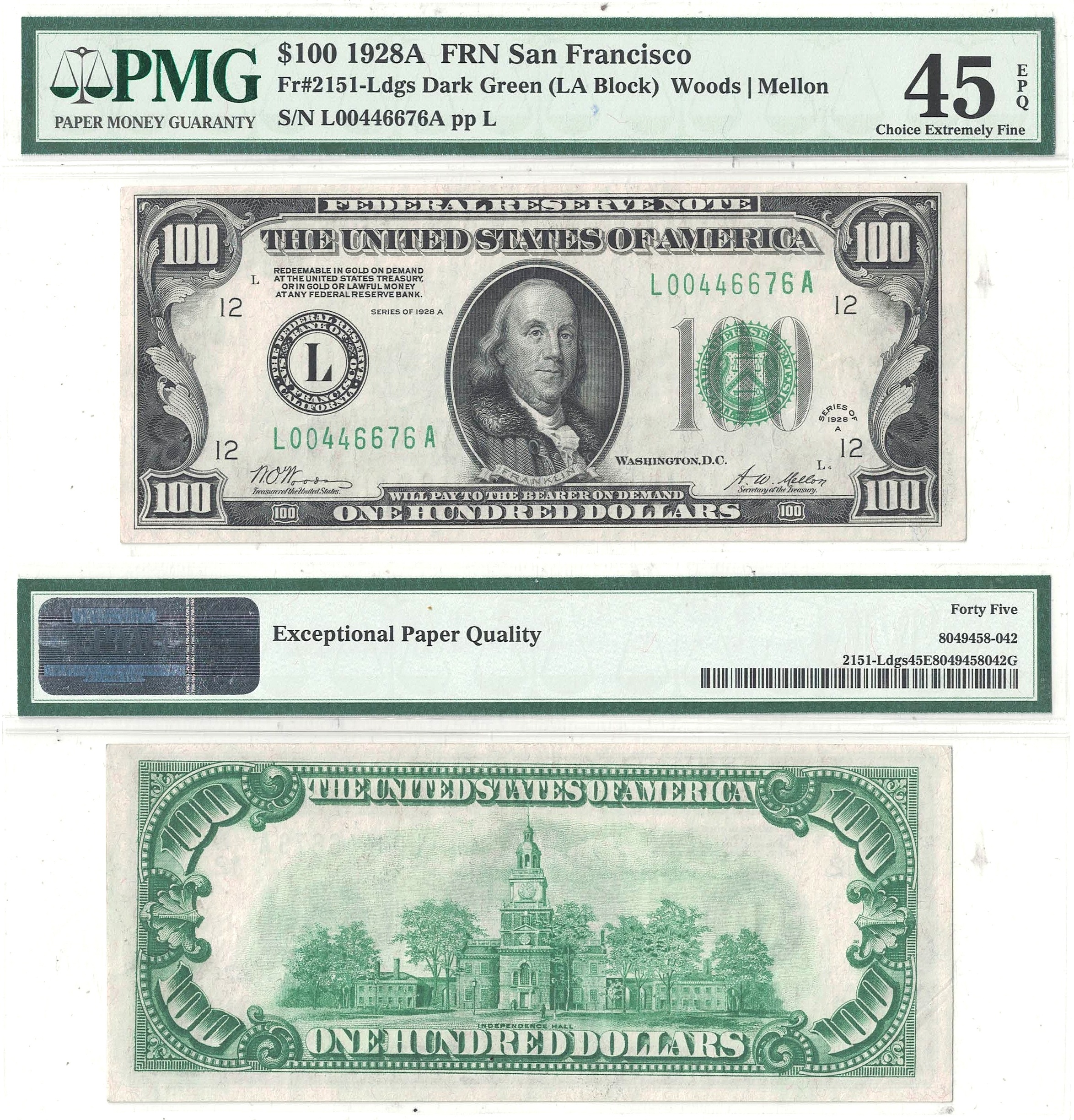 1928-A $100 Federal Reserve Note Fr-2151-L PMG XF-45 EPQ