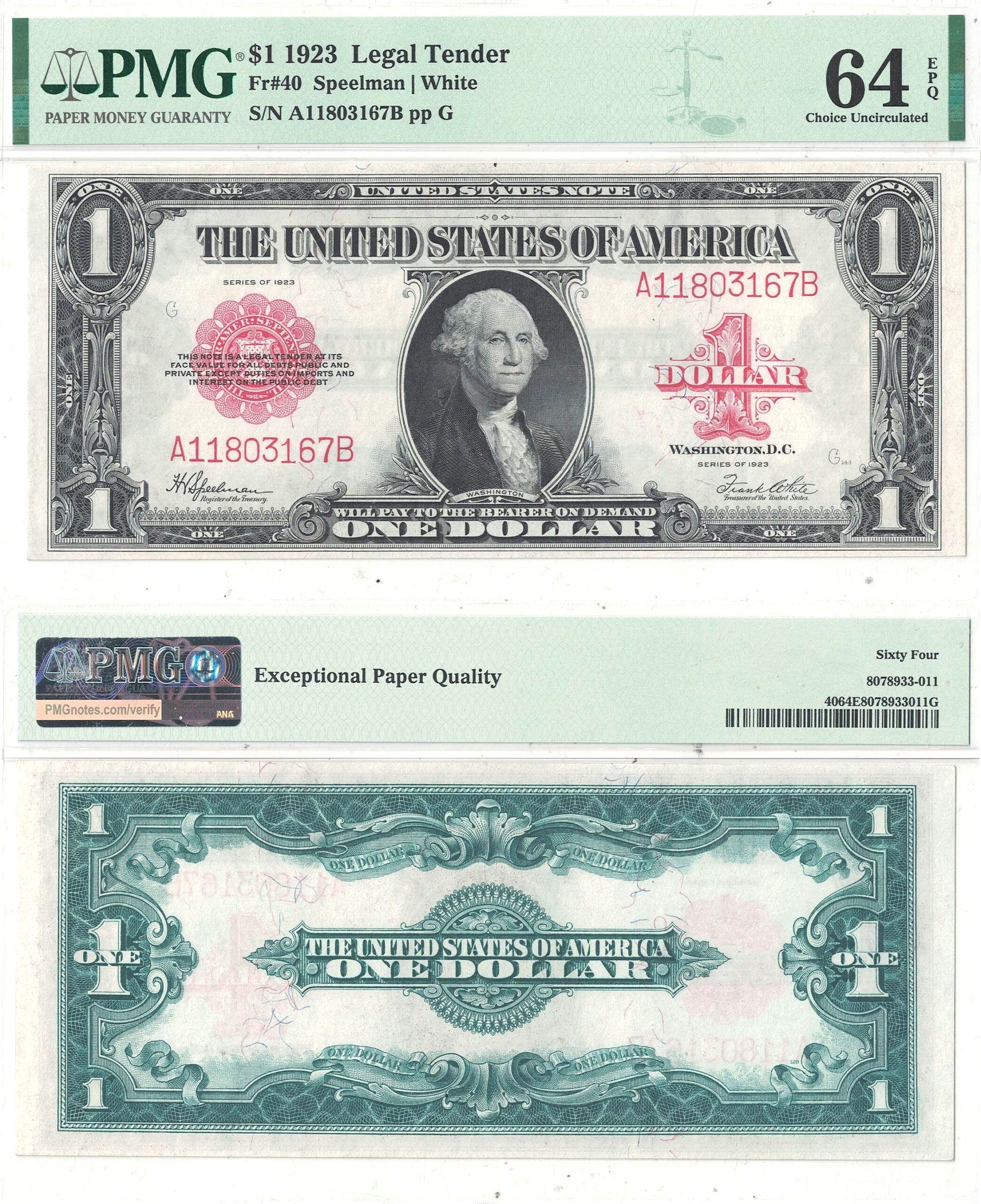 1923 $1 Legal Tender Note Fr-40 PMG Choice CU-64 EPQ
