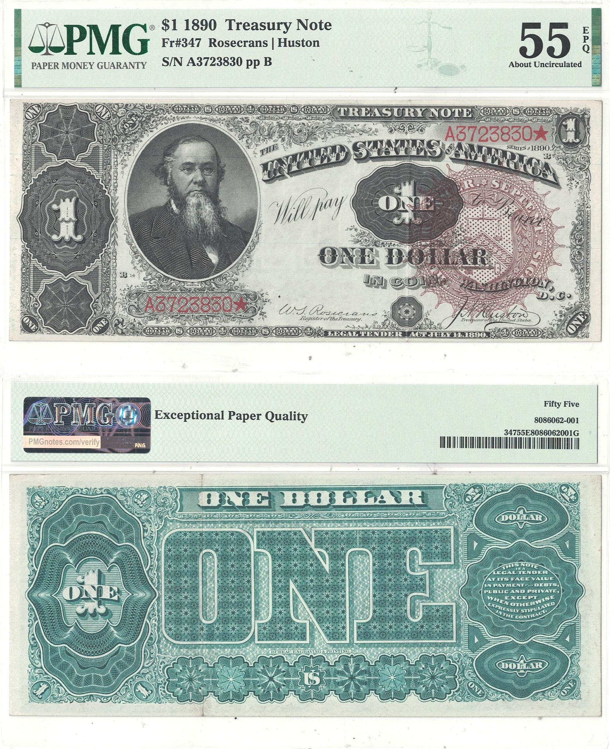 1890 $1 Treasury Note Fr-347 PMG AU-55 EPQ