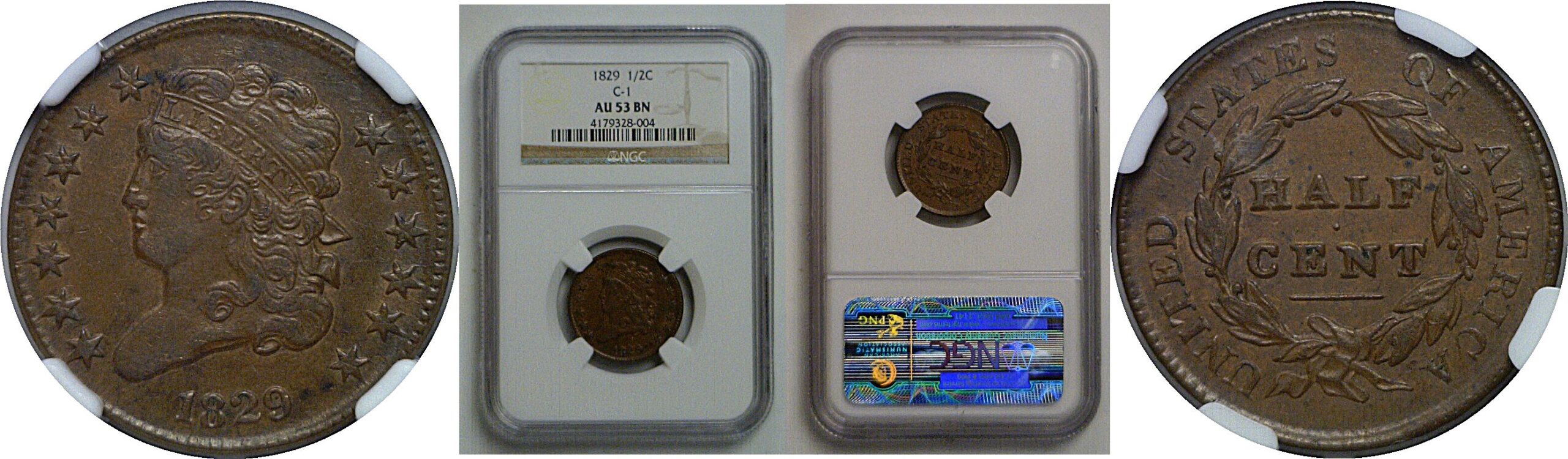 1829 Half Cent   NGC AU-53 BN