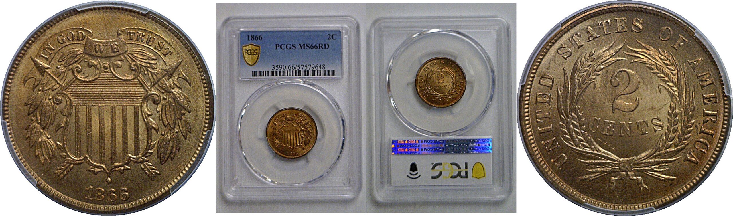 1866 Two Cent Piece   PCGS MS-66 RD
