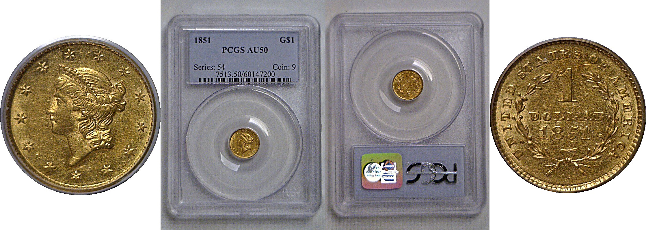 1851 One Dollar Gold Coin   PCGS AU-50
