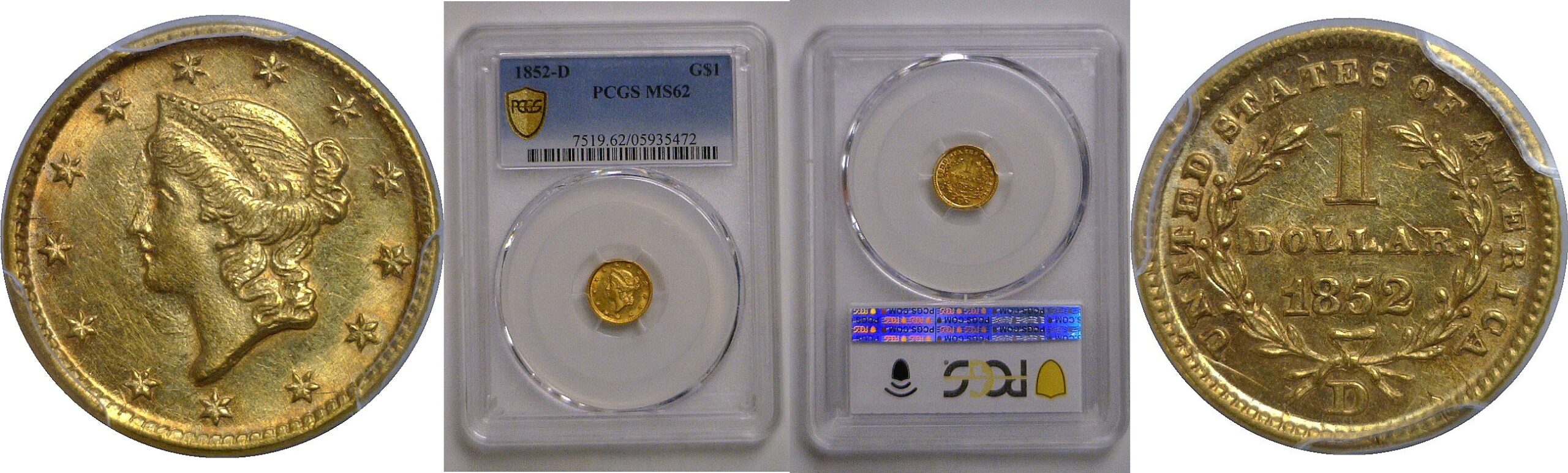 1852-D One Dollar Gold Coin   PCGS MS-62