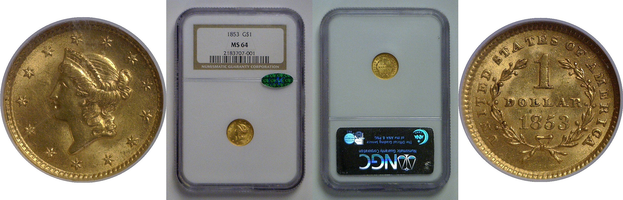 1853 One Dollar Gold Coin    NGC MS-64  CAC