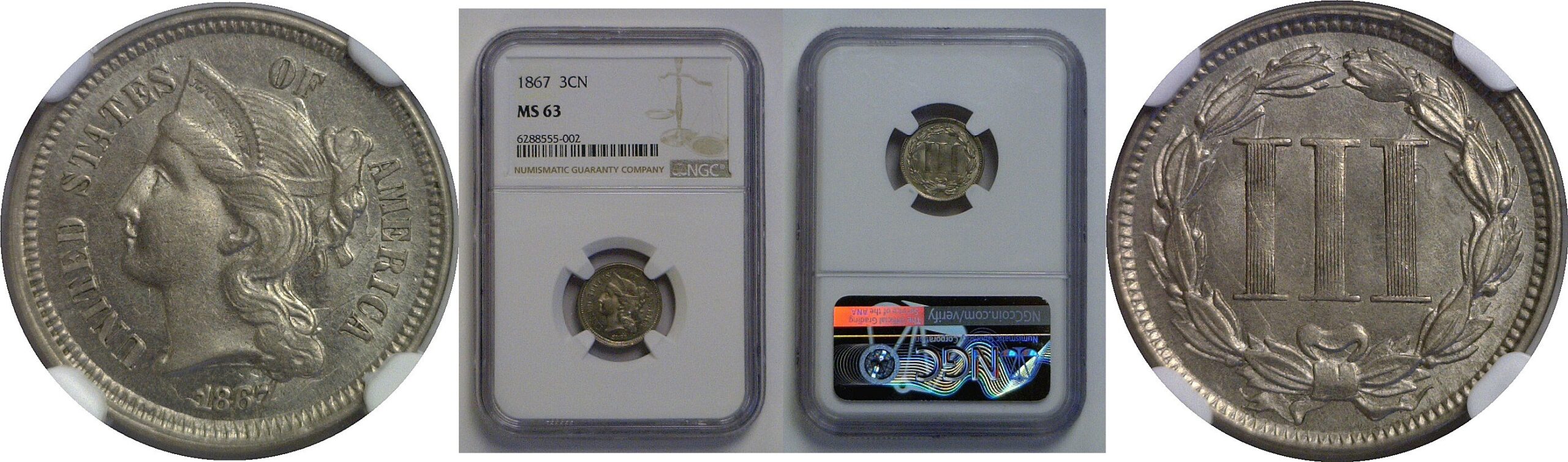 1867 Nickel Three Cent    NGC MS-63