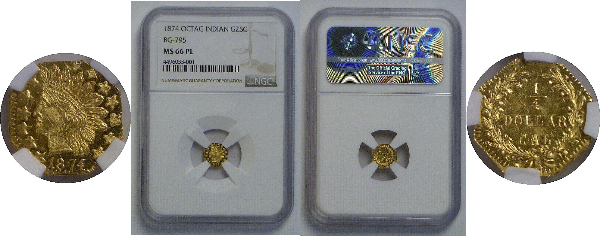 1874 25c California Fractional Gold. BG-795   NGC MS-66 PL