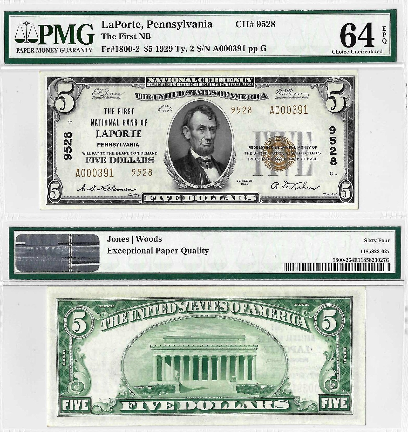 1929 $5 Laporte, Pennsylvania Charter 9528 PMG Choice CU-64 EPQ