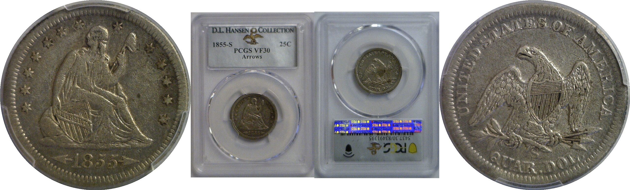 1855-S Arrows  Seated Liberty Quarter   PCGS VF-30