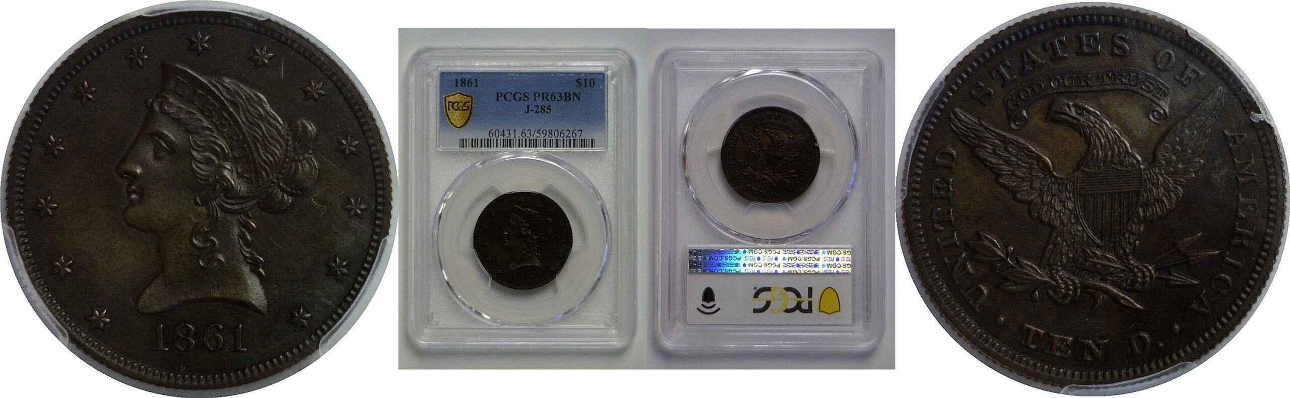 1861 Pattern $10 Liberty   Judd-285   PCGS PR-63 BN