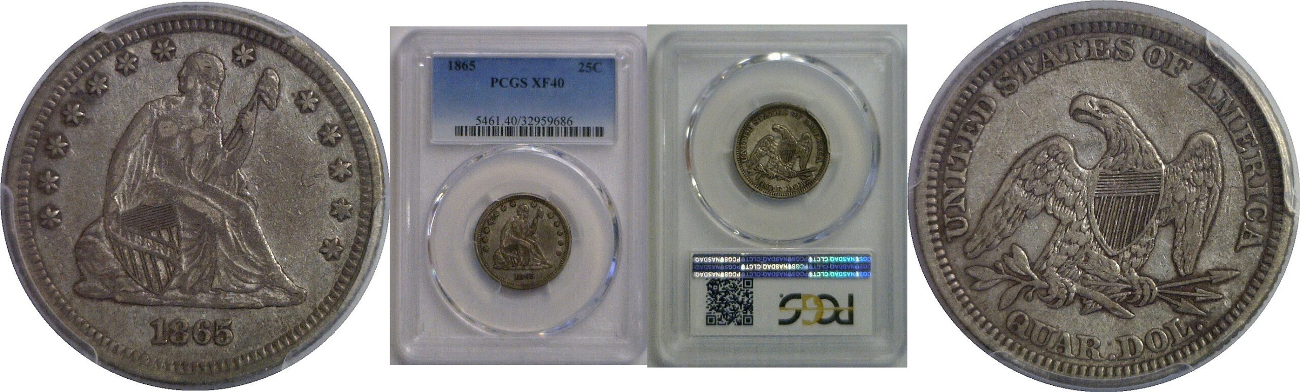 1865 Seated Liberty Quarter   PCGS XF-40
