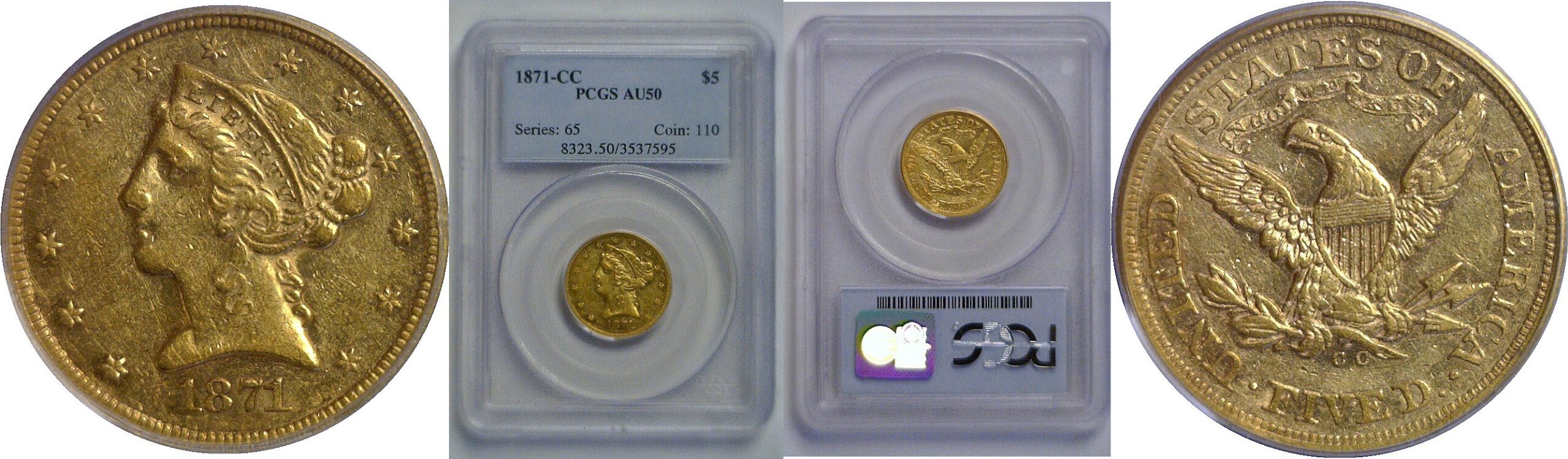 1871-CC $5 Liberty    PCGS AU-50
